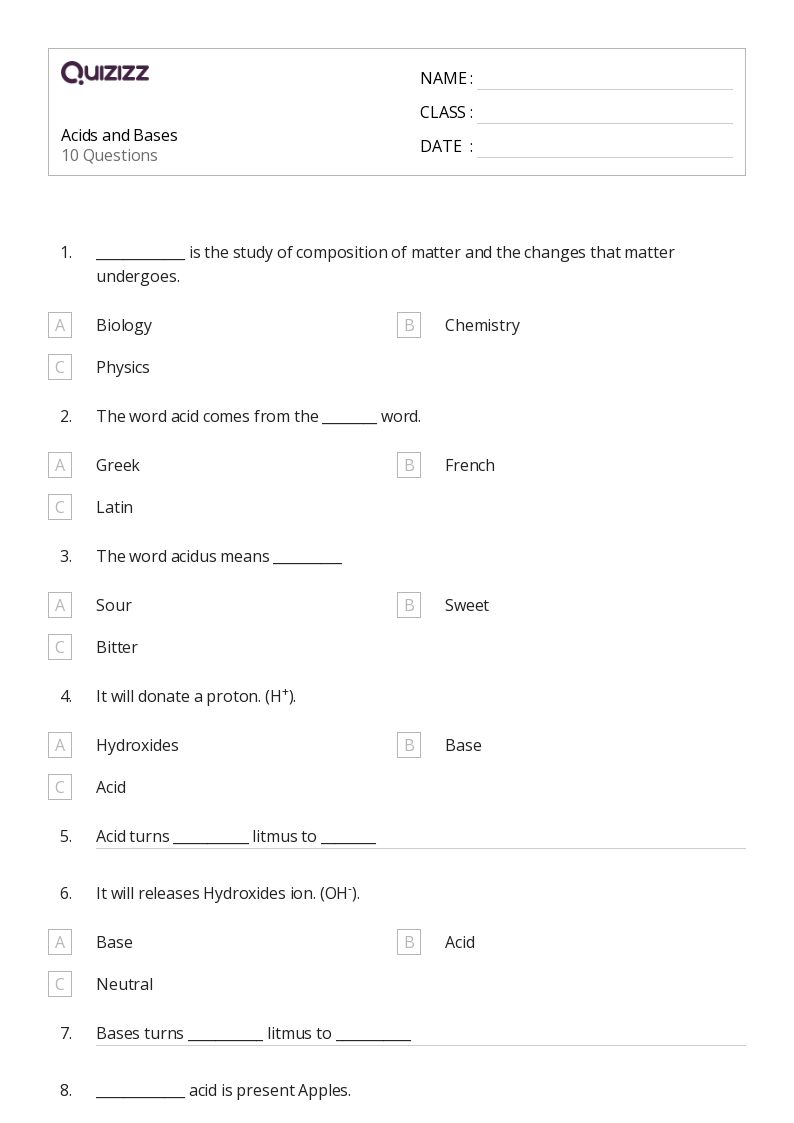 50+ acids and bases worksheets for 9th Class on Quizizz Free & Printable