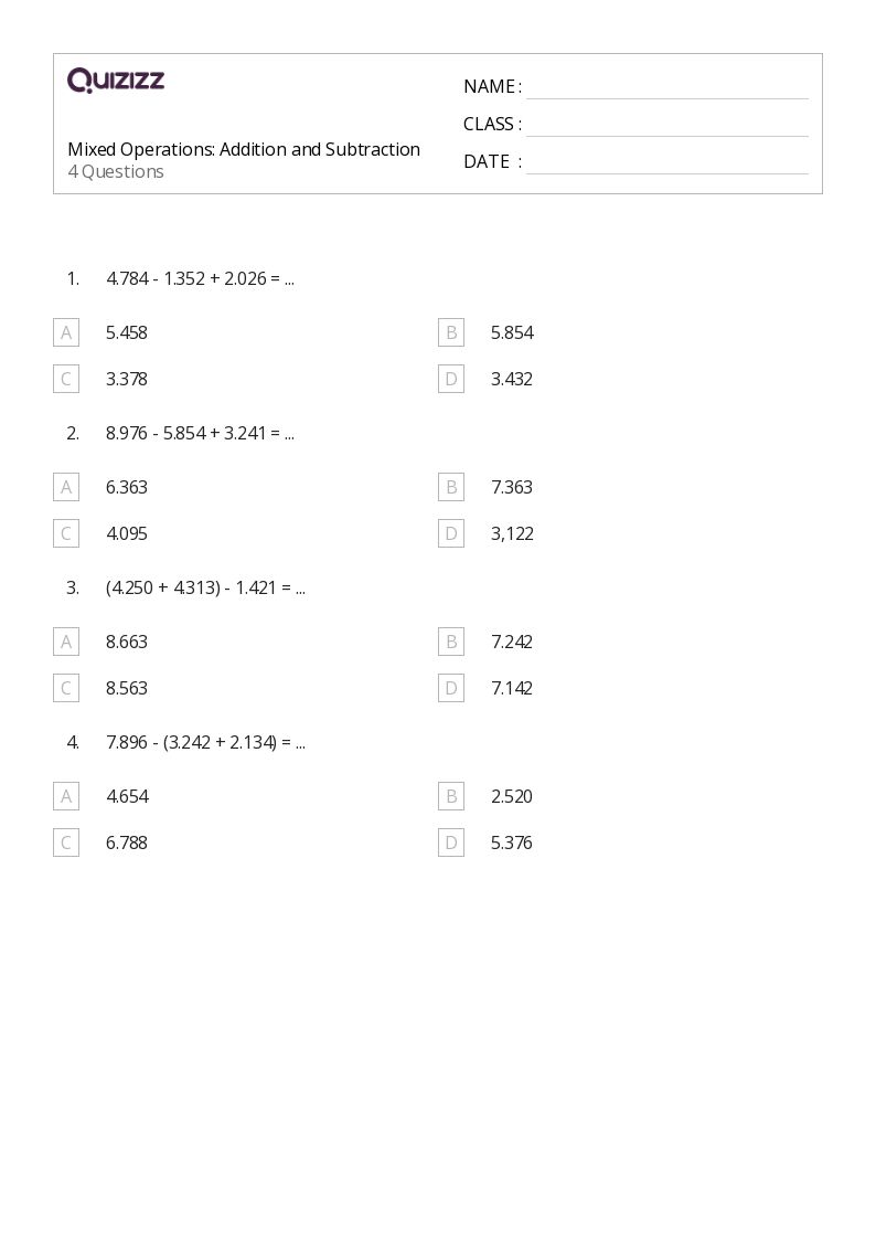 50+ Mixed Operations worksheets for 3rd Class on Quizizz | Free & Printable