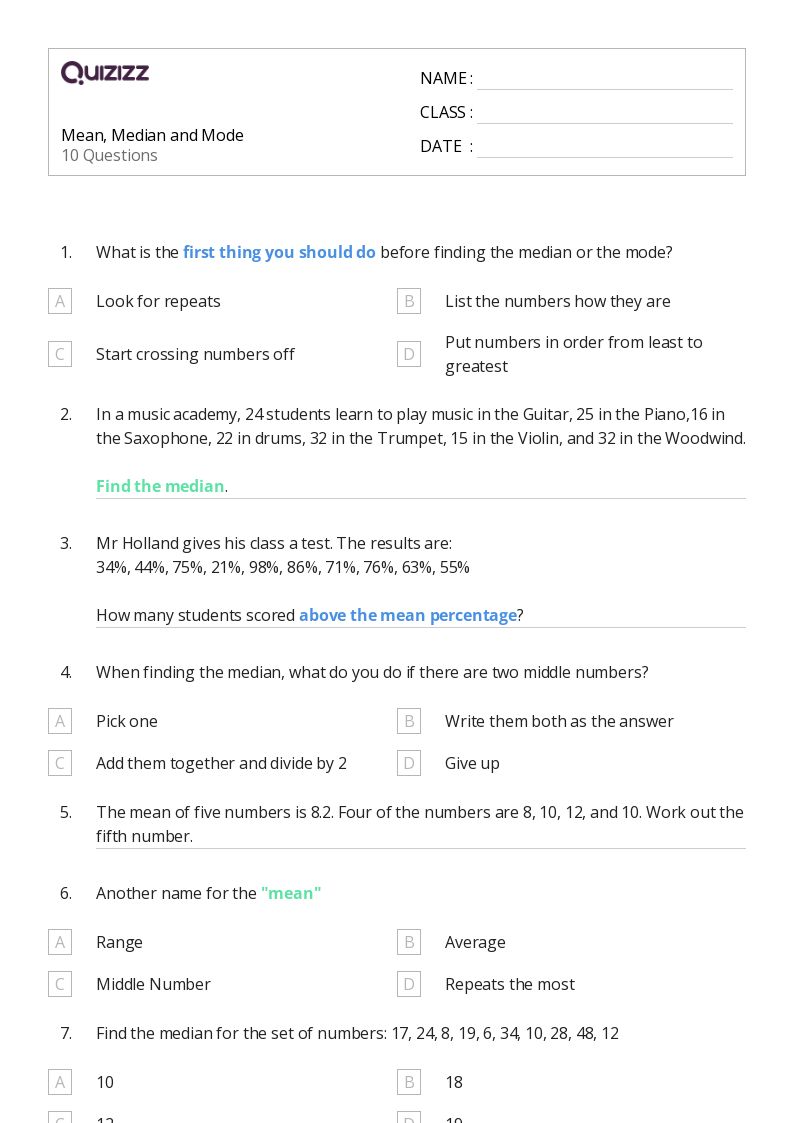 50+ Mean, Median, and Mode worksheets for 6th Class on Quizizz Free