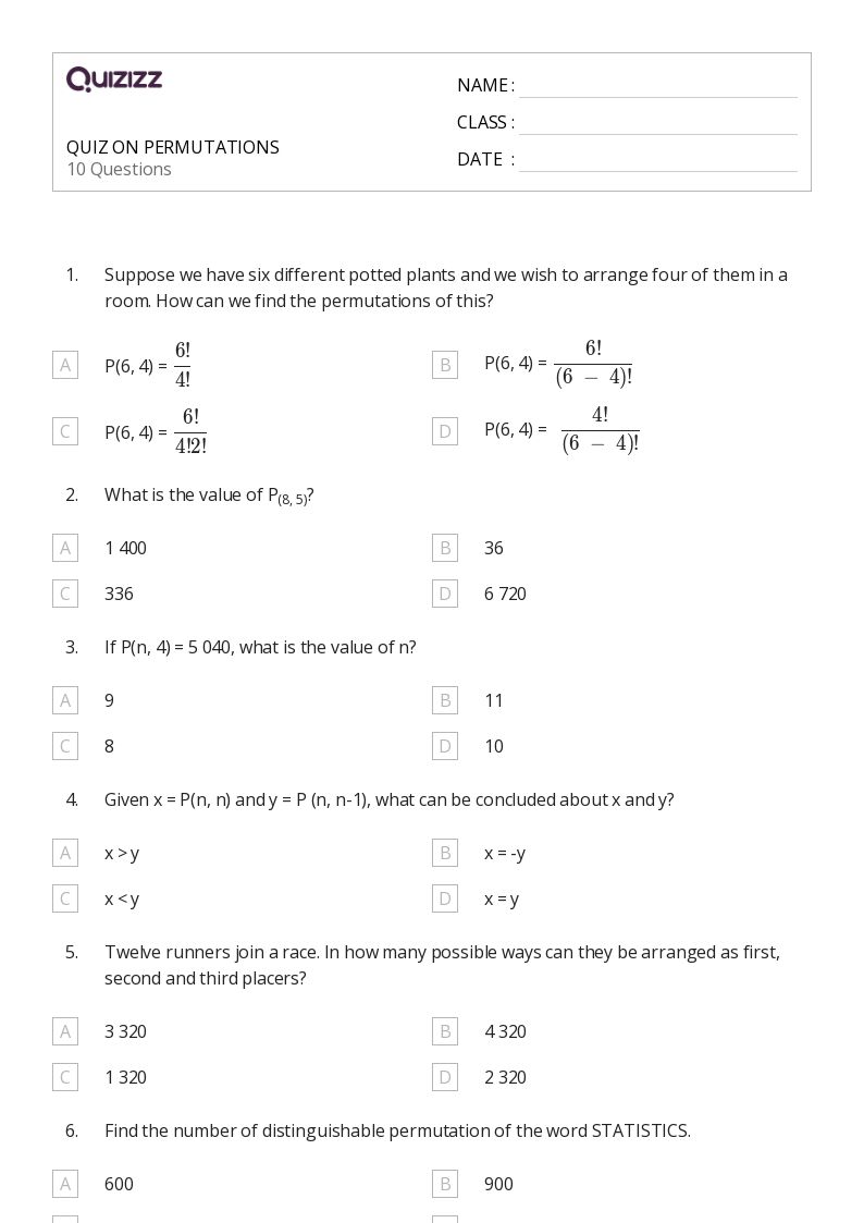 50+ permutations worksheets for 10th Class on Quizizz Free & Printable
