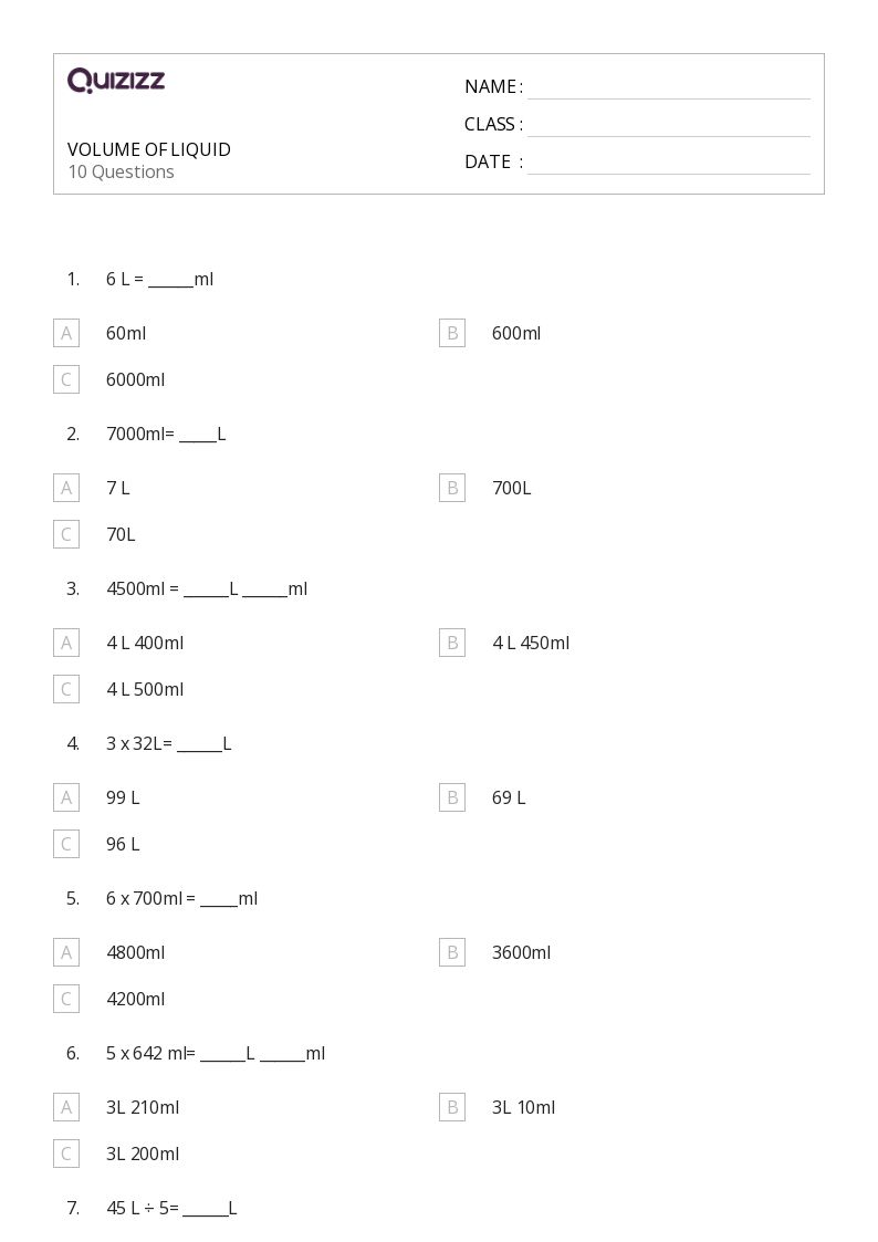 50+ Volume worksheets for 3rd Class on Quizizz Free & Printable
