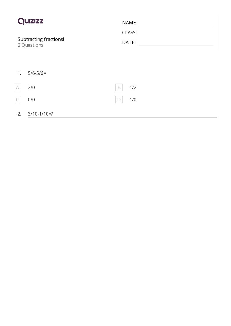 50+ Subtracting Fractions worksheets for 1st Grade on Quizizz Free & Printable