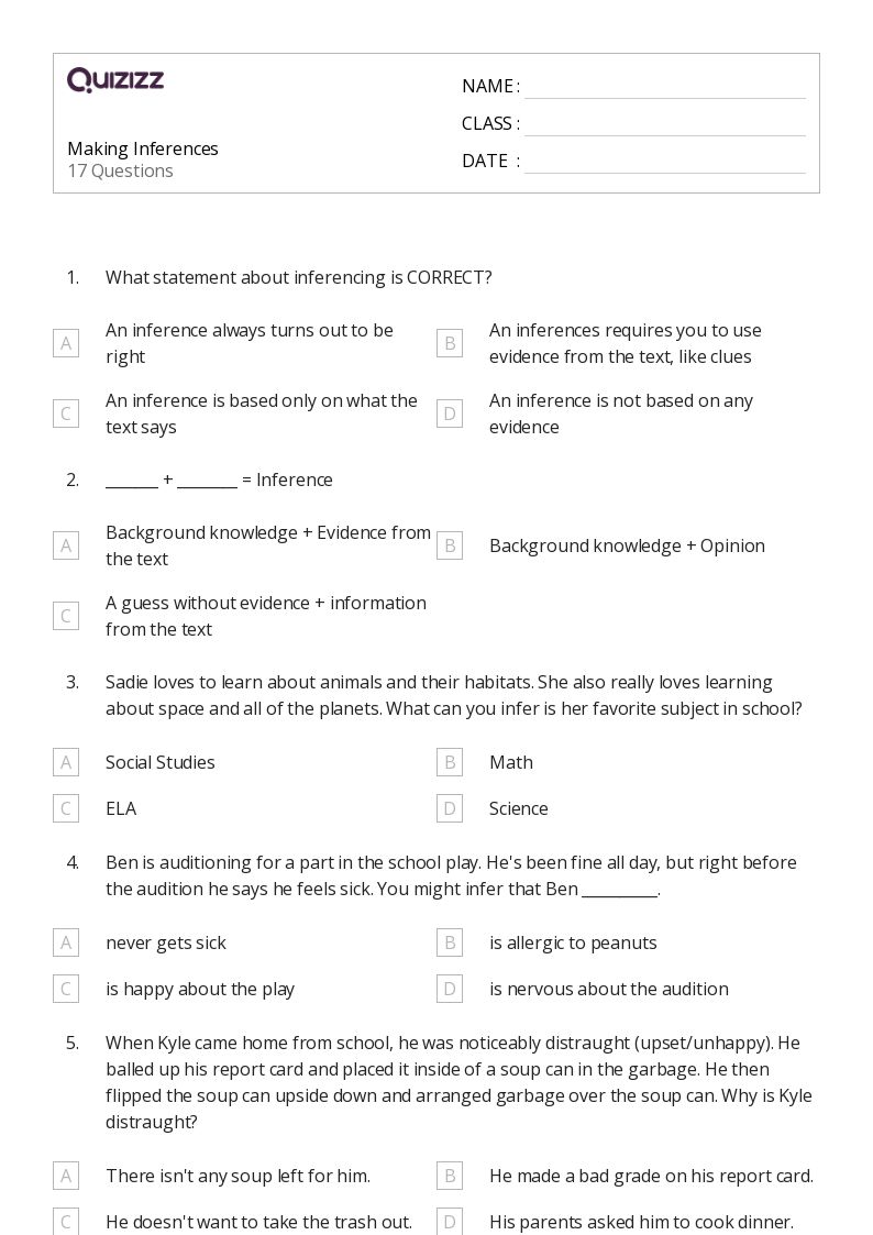 50+ Making Inferences worksheets for 8th Grade on Quizizz | Free