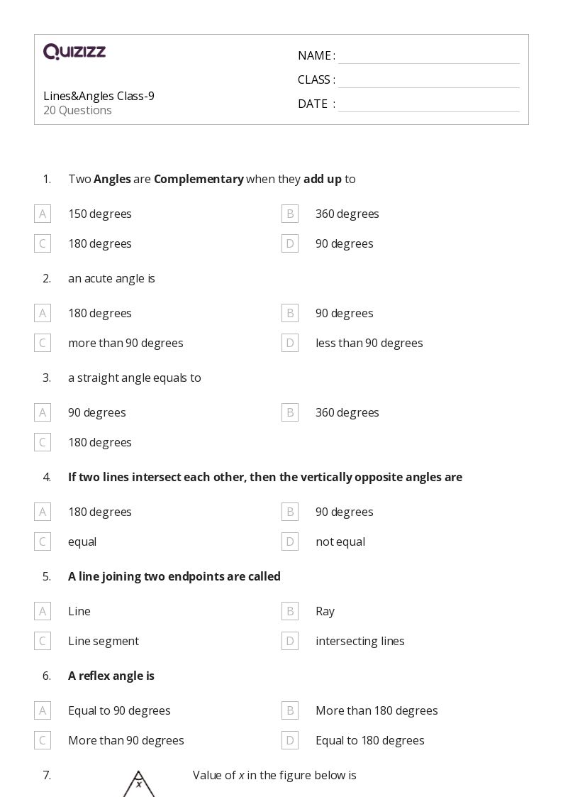 50+ Angles worksheets for 7th Class on Quizizz Free & Printable