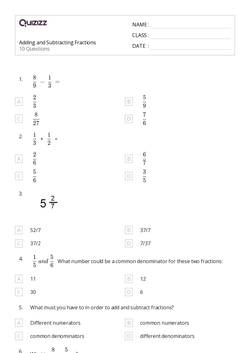 50+ Adding and Subtracting Fractions worksheets on Quizizz Free & Printable