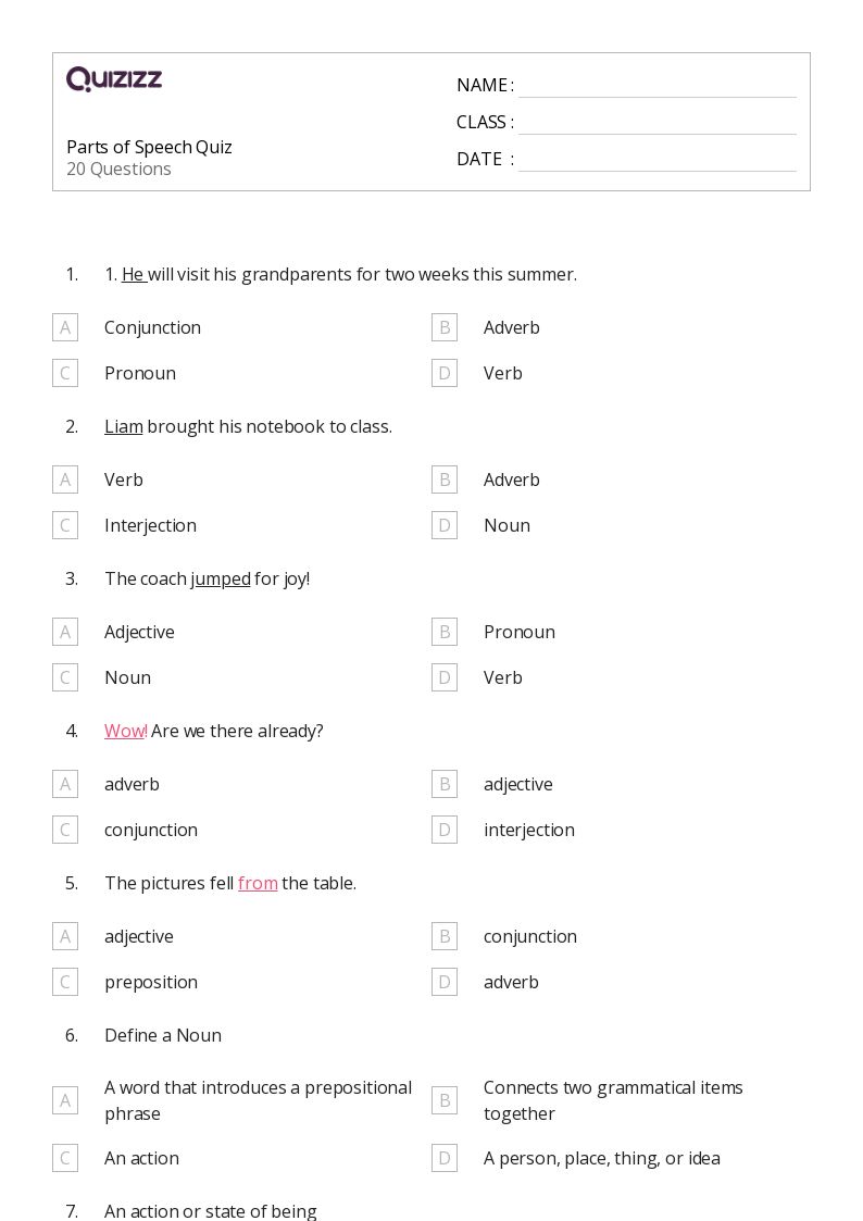 50+ Parts of Speech worksheets for 7th Class on Quizizz Free & Printable
