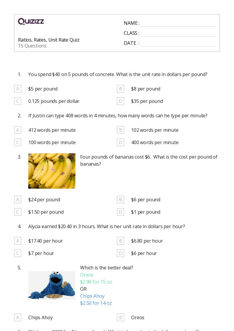50+ Ratios and Rates worksheets for 8th Grade on Quizizz | Free & Printable