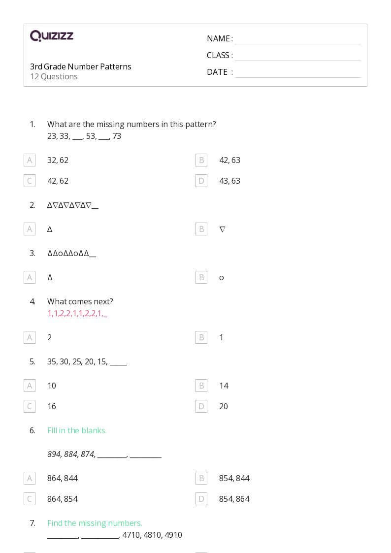 50+ Number Patterns worksheets for 3rd Class on Quizizz Free & Printable