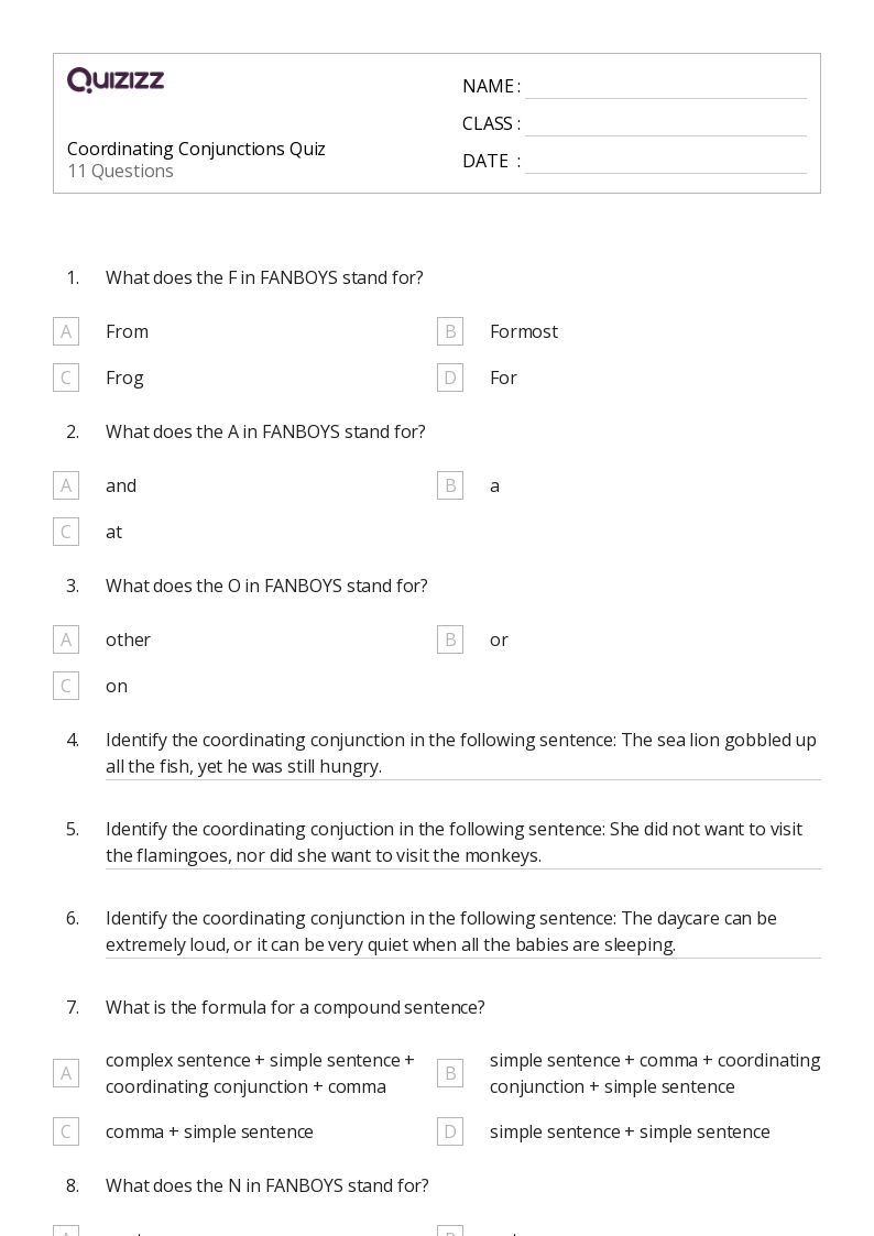 50+ Coordinating Conjunctions worksheets for 6th Class on Quizizz Free & Printable