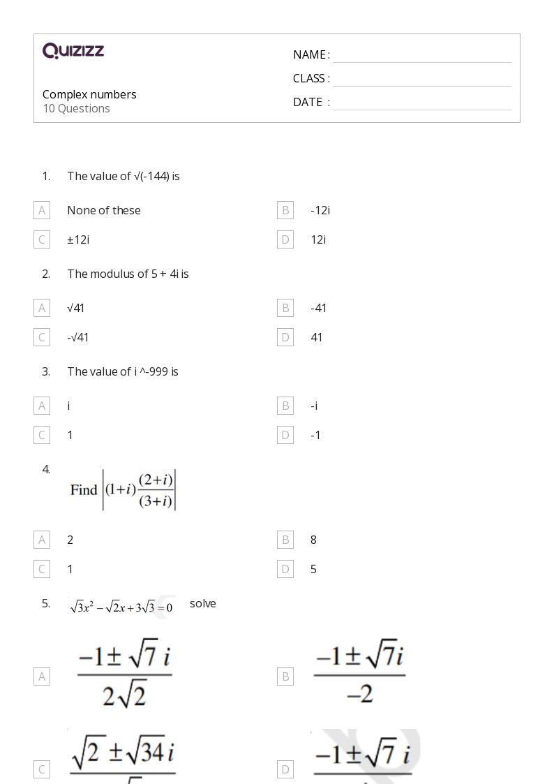 50+ Complex Numbers worksheets for 11th Class on Quizizz Free & Printable