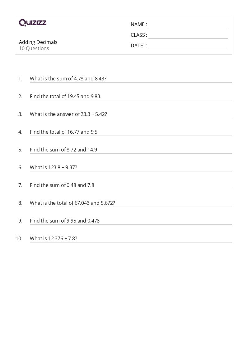 50+ Adding Decimals worksheets for 7th Class on Quizizz Free & Printable