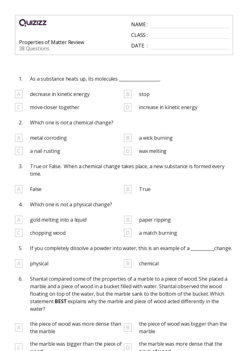 Printable Properties of Matter Worksheets | Quizizz