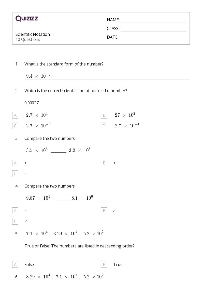 50+ Scientific Notation worksheets for 7th Grade on Quizizz Free
