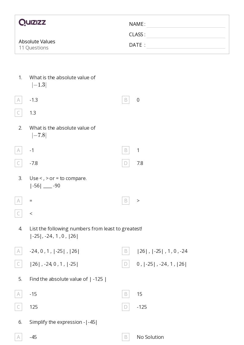 50+ Absolute Value worksheets for 7th Grade on Quizizz Free & Printable