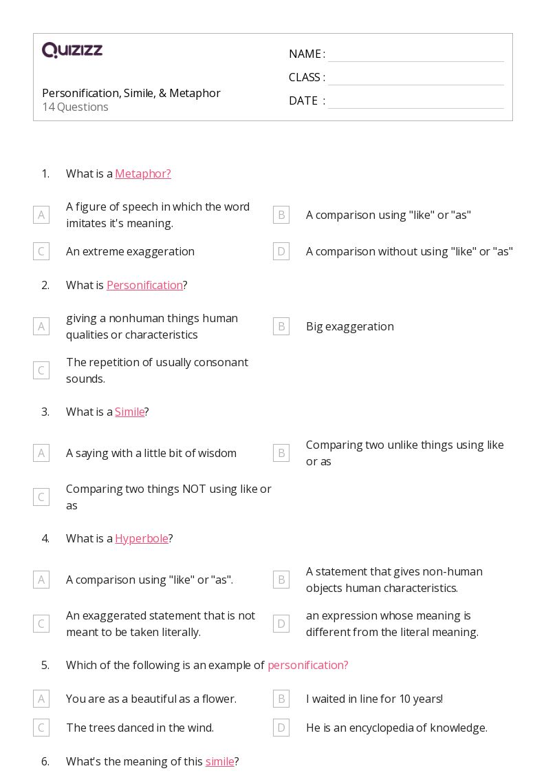 50+ Personification worksheets for 8th Year on Quizizz Free & Printable