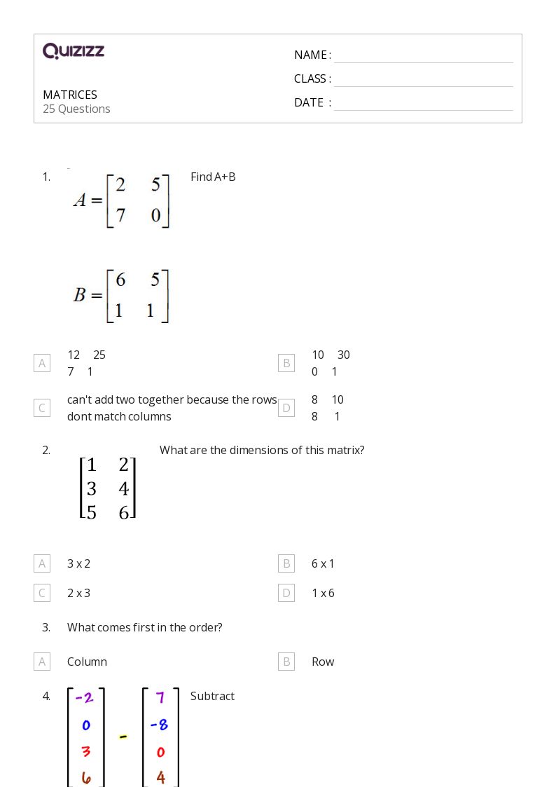 50+ Matrices worksheets for 11th Class on Quizizz | Free & Printable