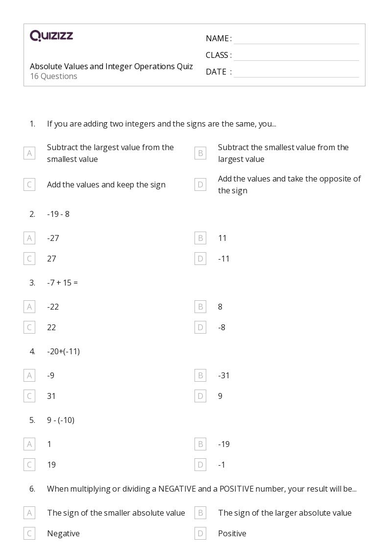 50+ Absolute Value worksheets for 5th Year on Quizizz Free & Printable