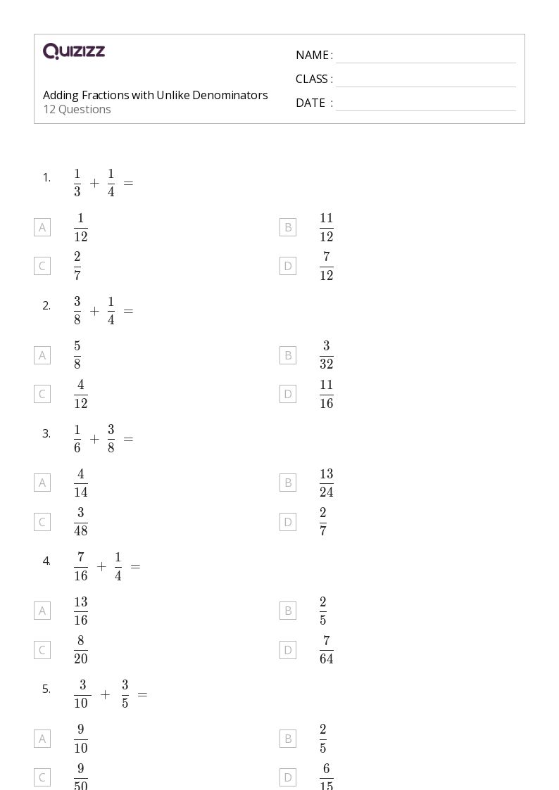 50+ Adding Fractions with Unlike Denominators worksheets for 5th Grade