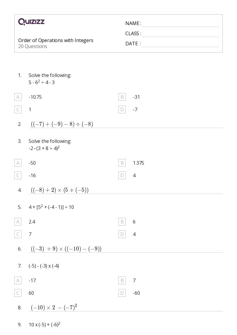 50+ Operations With Integers worksheets for 7th Grade on Quizizz | Free