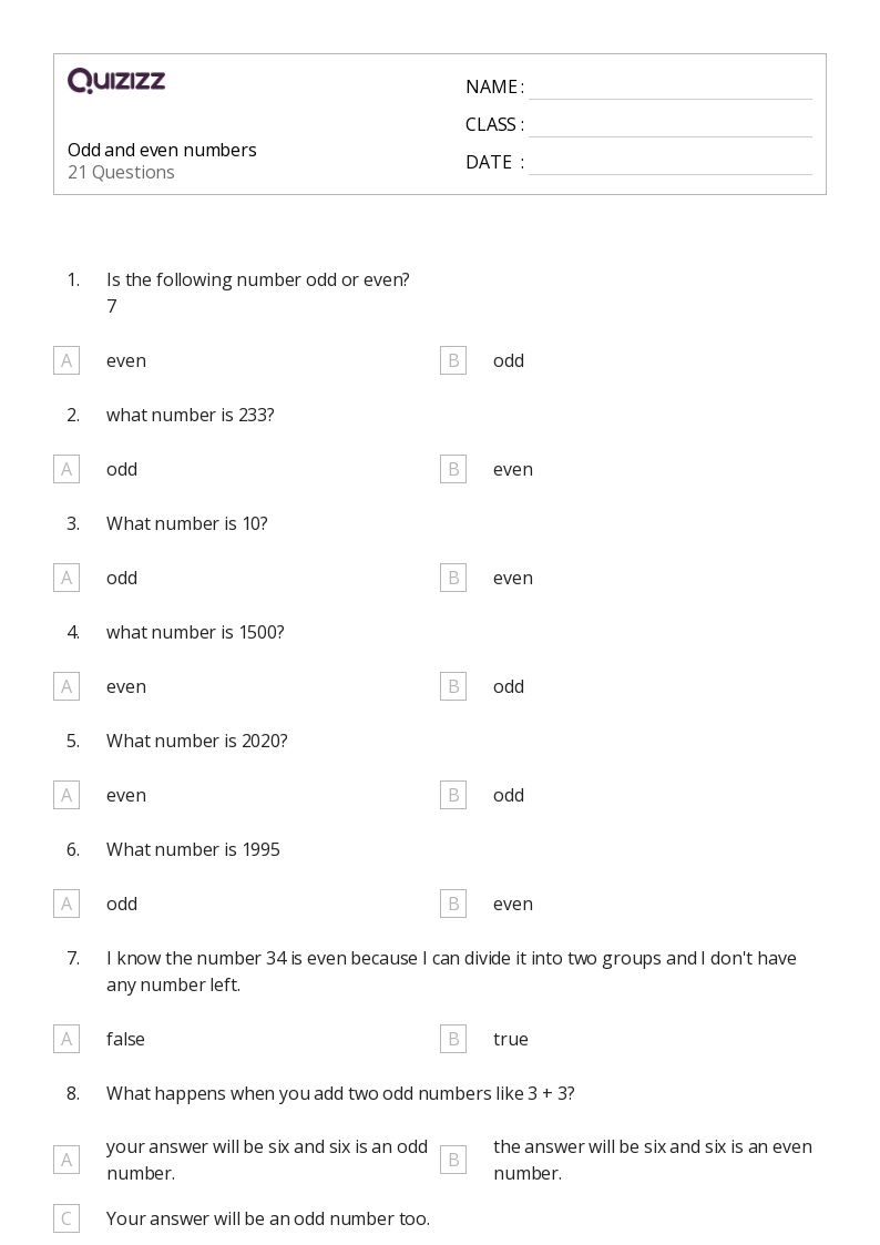 50+ Odd and Even Numbers worksheets for 6th Class on Quizizz Free