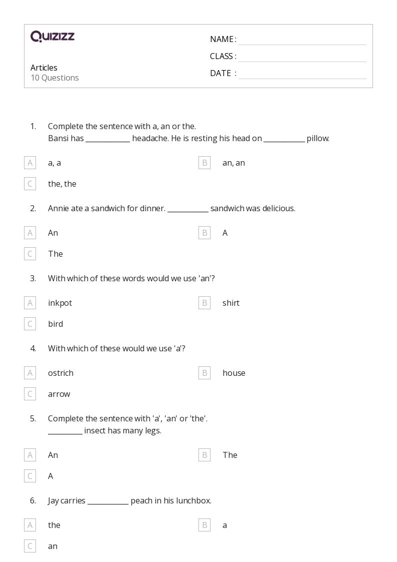 50+ Articles worksheets for 3rd Class on Quizizz Free & Printable