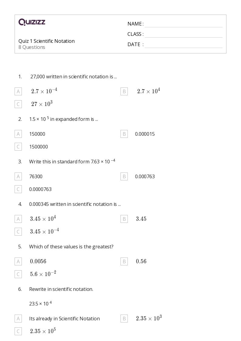 50+ Scientific Notation worksheets for 6th Year on Quizizz Free & Printable