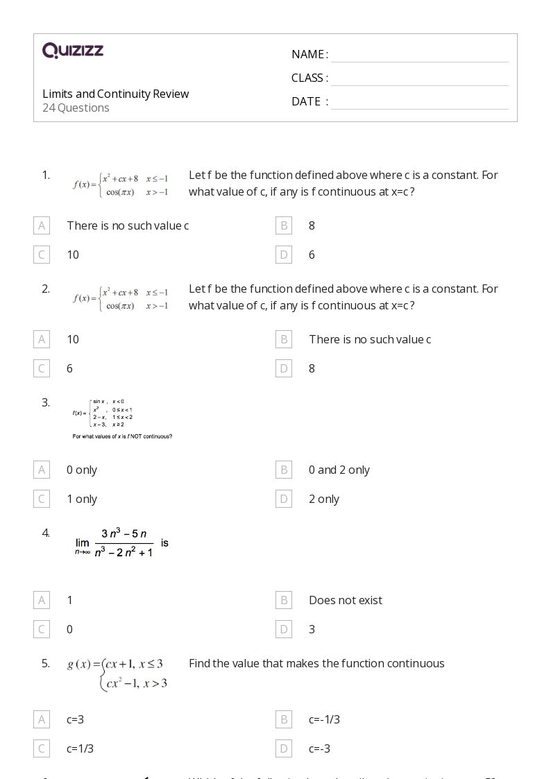50+ limits and continuity worksheets for 12th Grade on Quizizz Free
