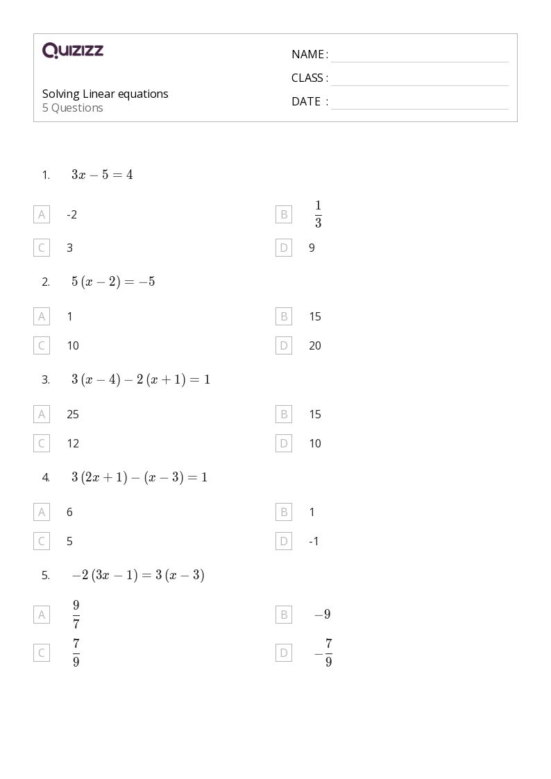 50+ Linear Equations worksheets on Quizizz Free & Printable