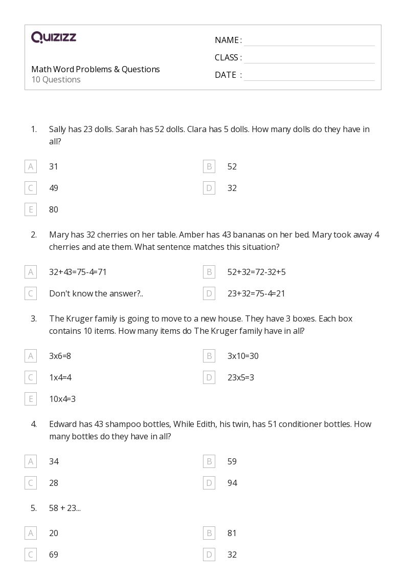 50+ Math Word Problems worksheets for 4th Grade on Quizizz Free