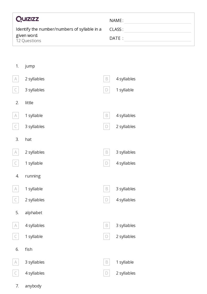 50+ Recognizing Syllables worksheets for Kindergarten on Quizizz Free