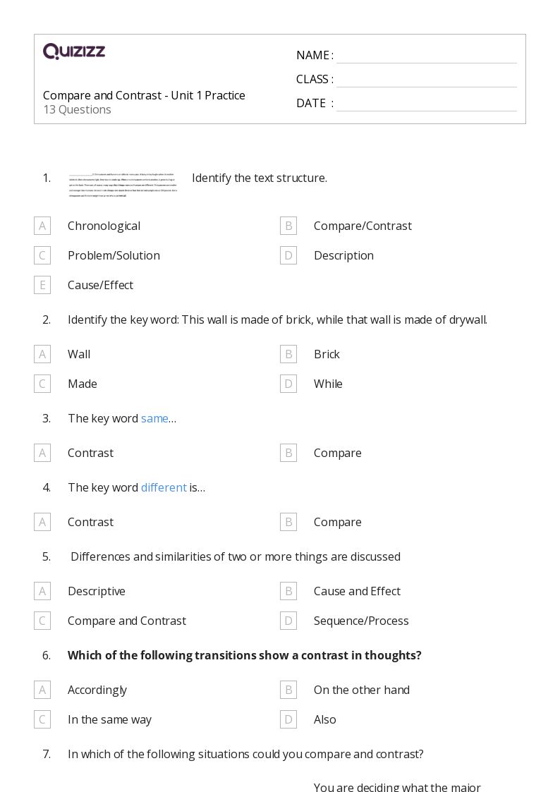 50+ Compare and Contrast worksheets on Quizizz Free & Printable