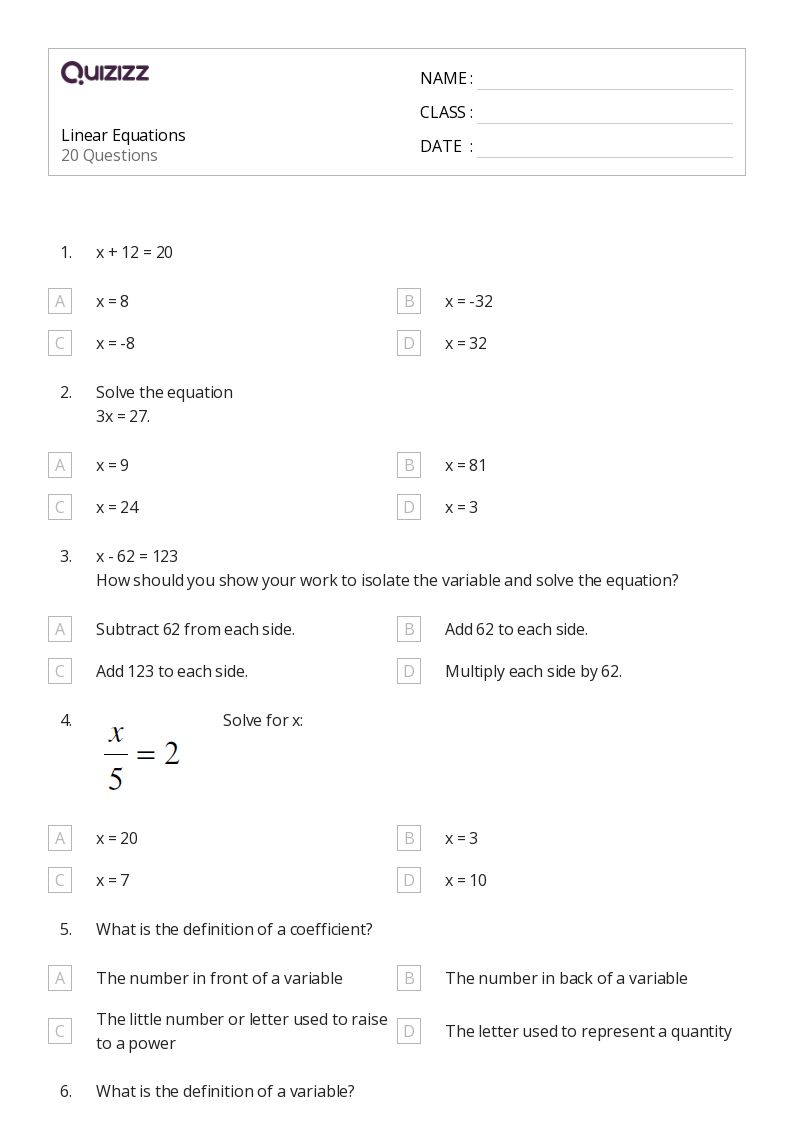 50+ Linear Equations worksheets for 6th Class on Quizizz Free & Printable