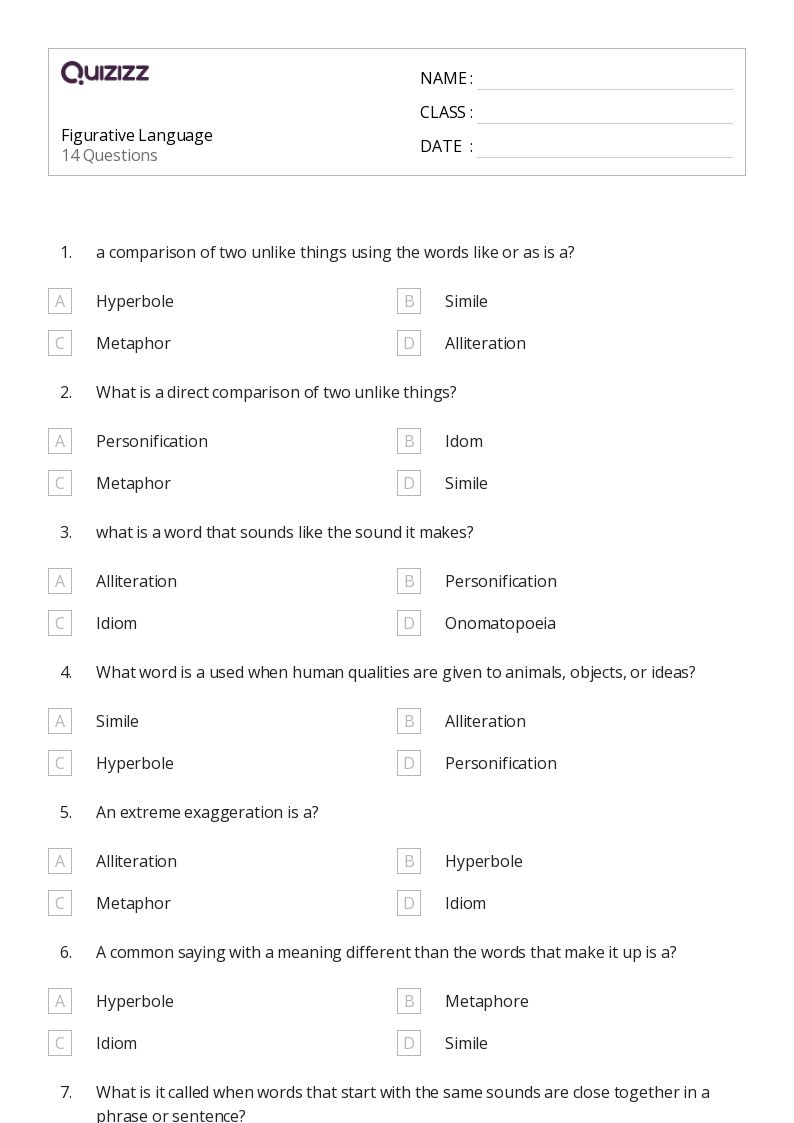 50+ Figurative Language worksheets for 4th Class on Quizizz | Free