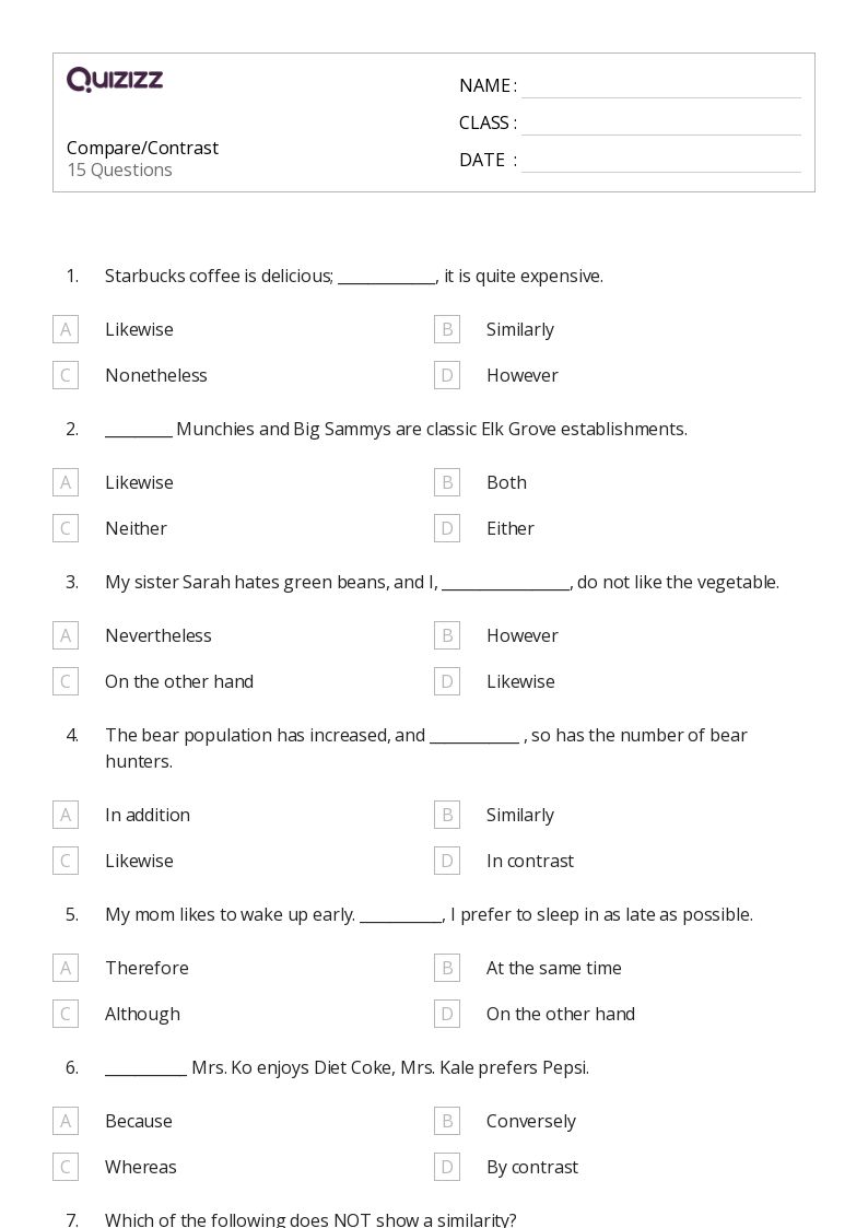 50+ Compare and Contrast worksheets for 10th Grade on Quizizz Free & Printable