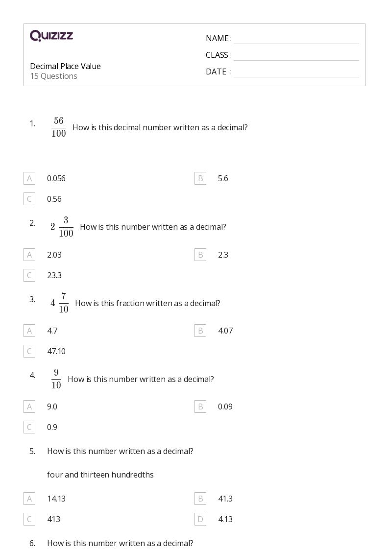 50+ Decimal Place Value worksheets for 4th Grade on Quizizz Free & Printable