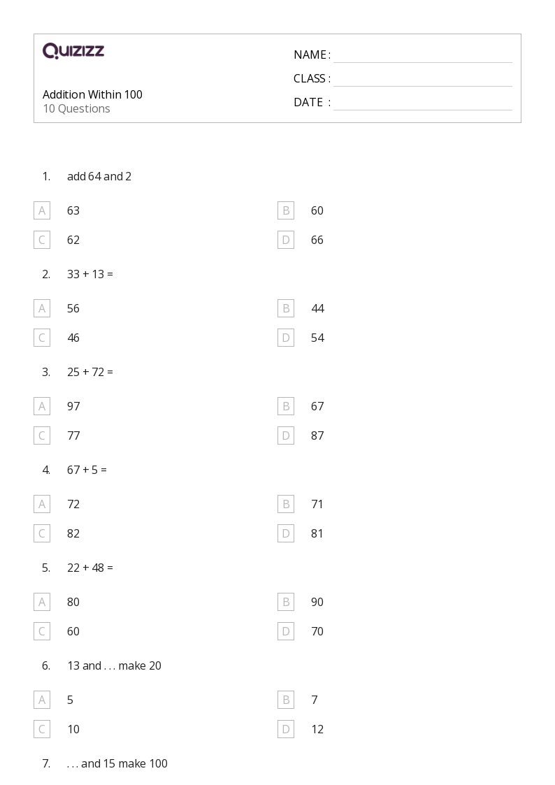 50+ Addition Within 100 worksheets for 3rd Grade on Quizizz Free & Printable