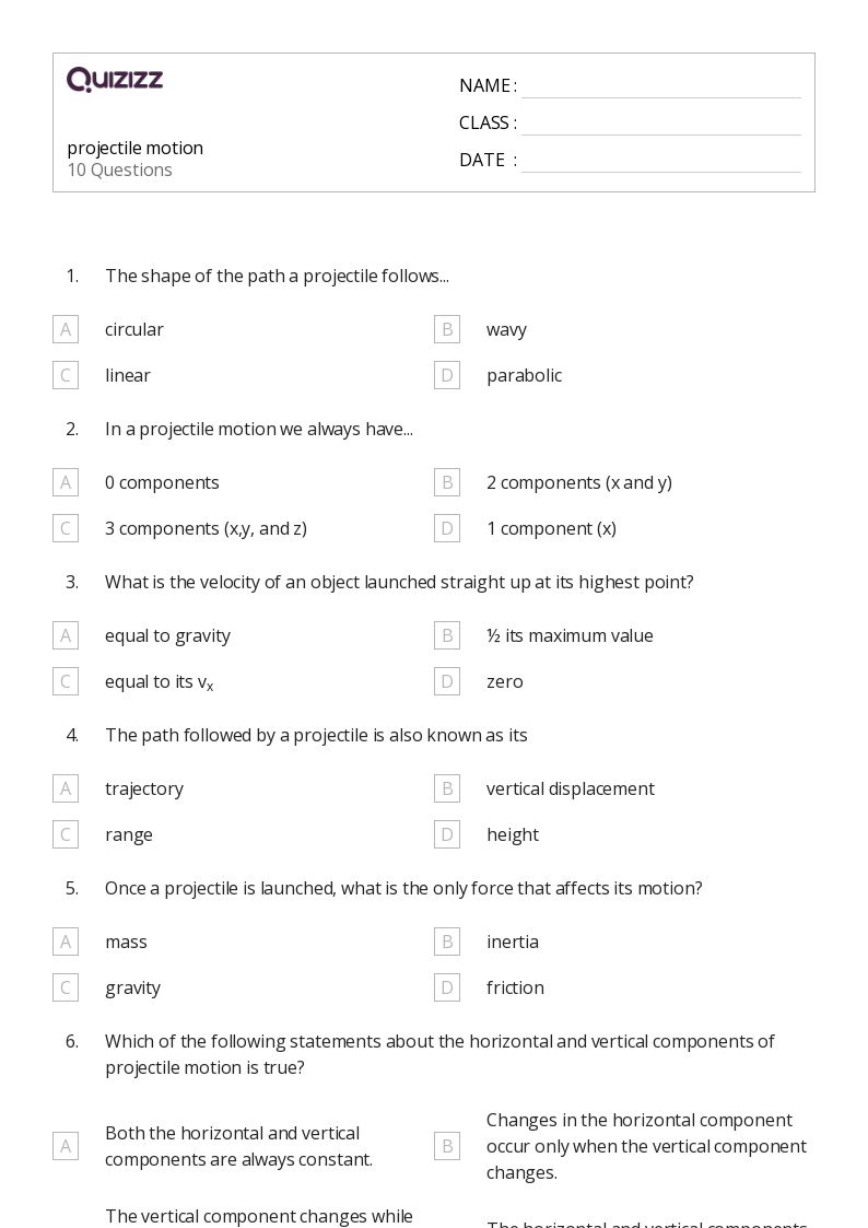 50+ projectile motion worksheets for 9th Class on Quizizz | Free