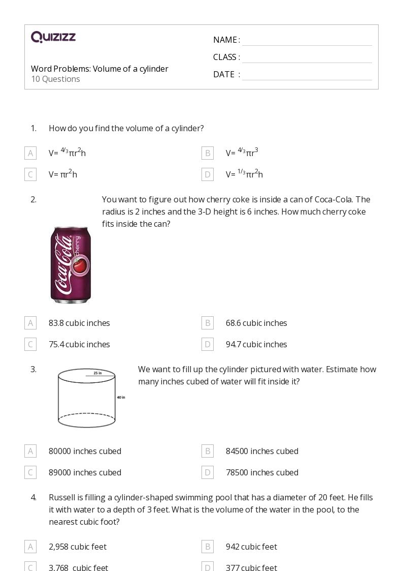 50+ Volume of a Cylinder worksheets for 5th Class on Quizizz Free