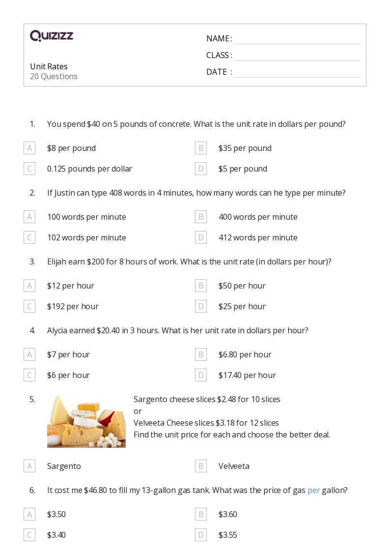 50+ Unit Rates worksheets for 8th Grade on Quizizz Free & Printable