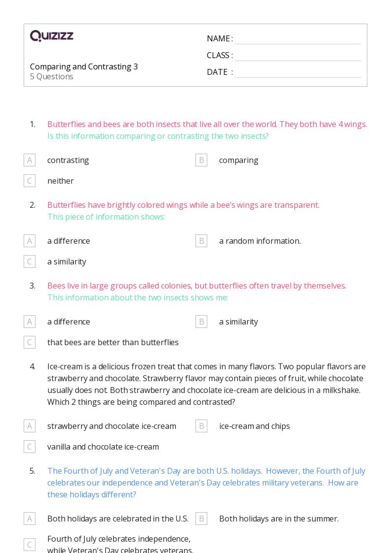 50+ Comparing and Contrasting worksheets for 5th Grade on Quizizz Free & Printable