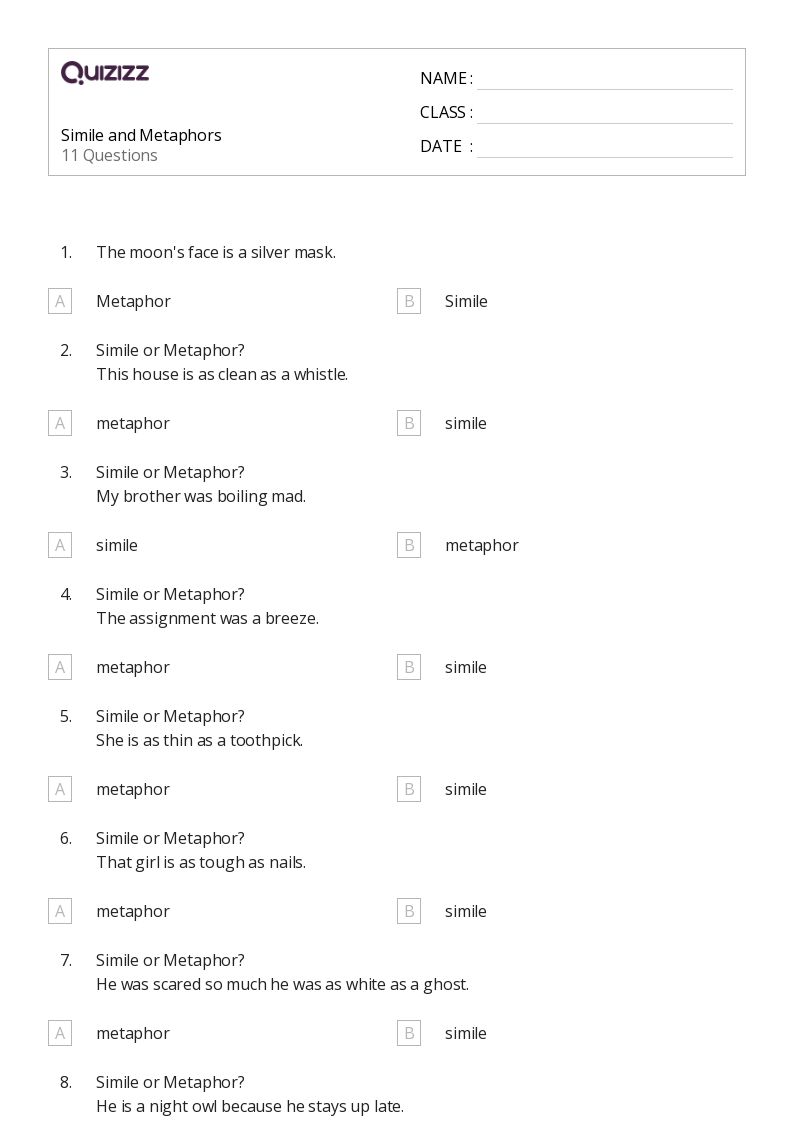 50+ Metaphors worksheets for 4th Class on Quizizz Free & Printable