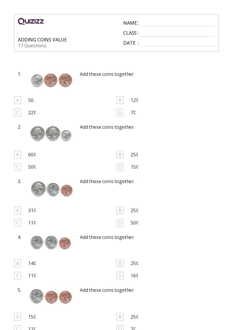 50+ Adding Groups of Coins worksheets for 1st Year on Quizizz Free & Printable