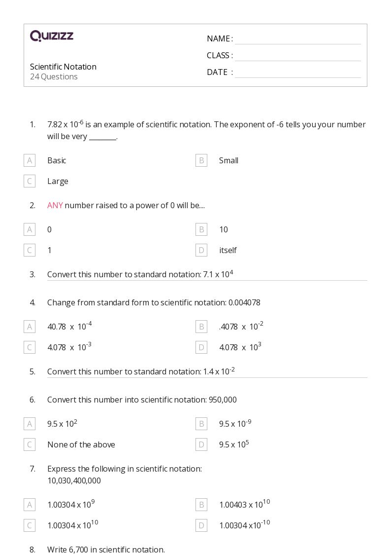 50+ Scientific Notation worksheets for 6th Grade on Quizizz Free & Printable
