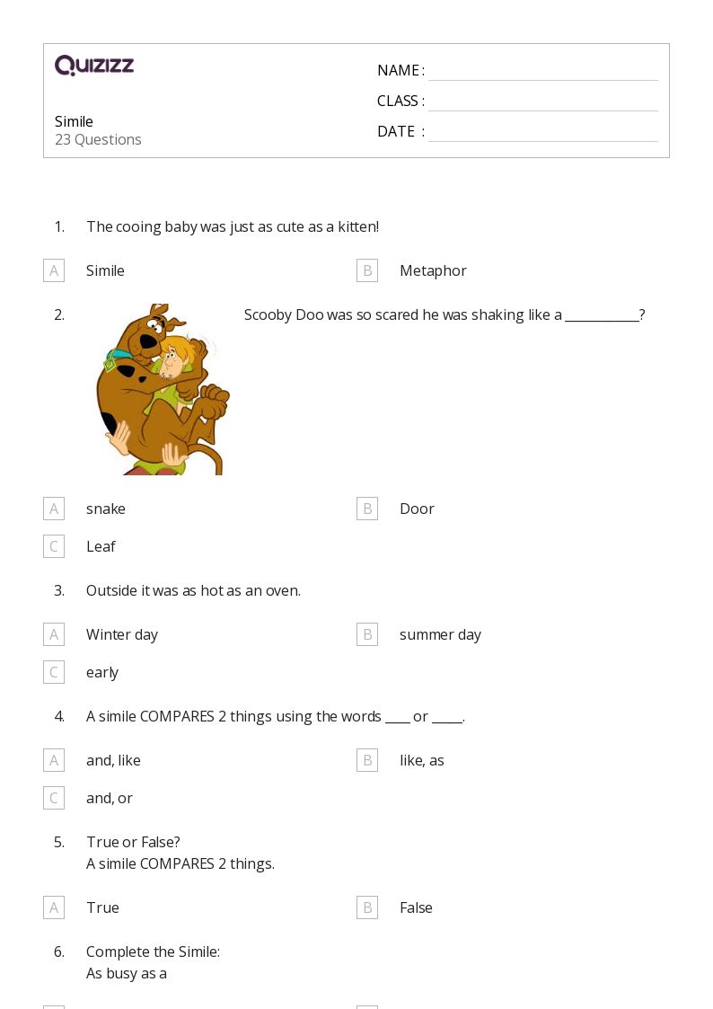 50+ Similes worksheets for Kindergarten on Quizizz Free & Printable