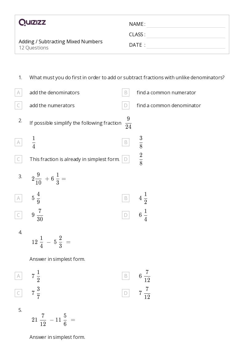 50+ Subtracting Mixed Numbers worksheets on Quizizz Free & Printable