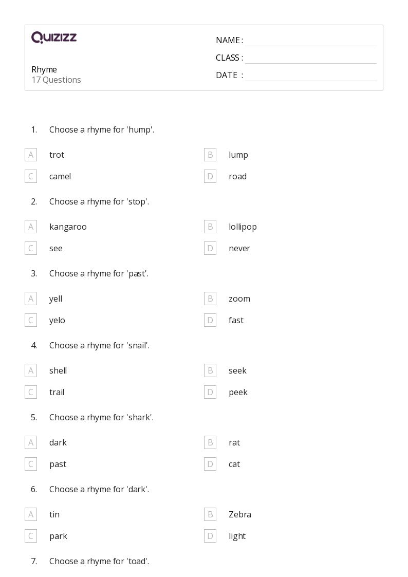 50+ Rhyming Words worksheets for 2nd Grade on Quizizz Free & Printable