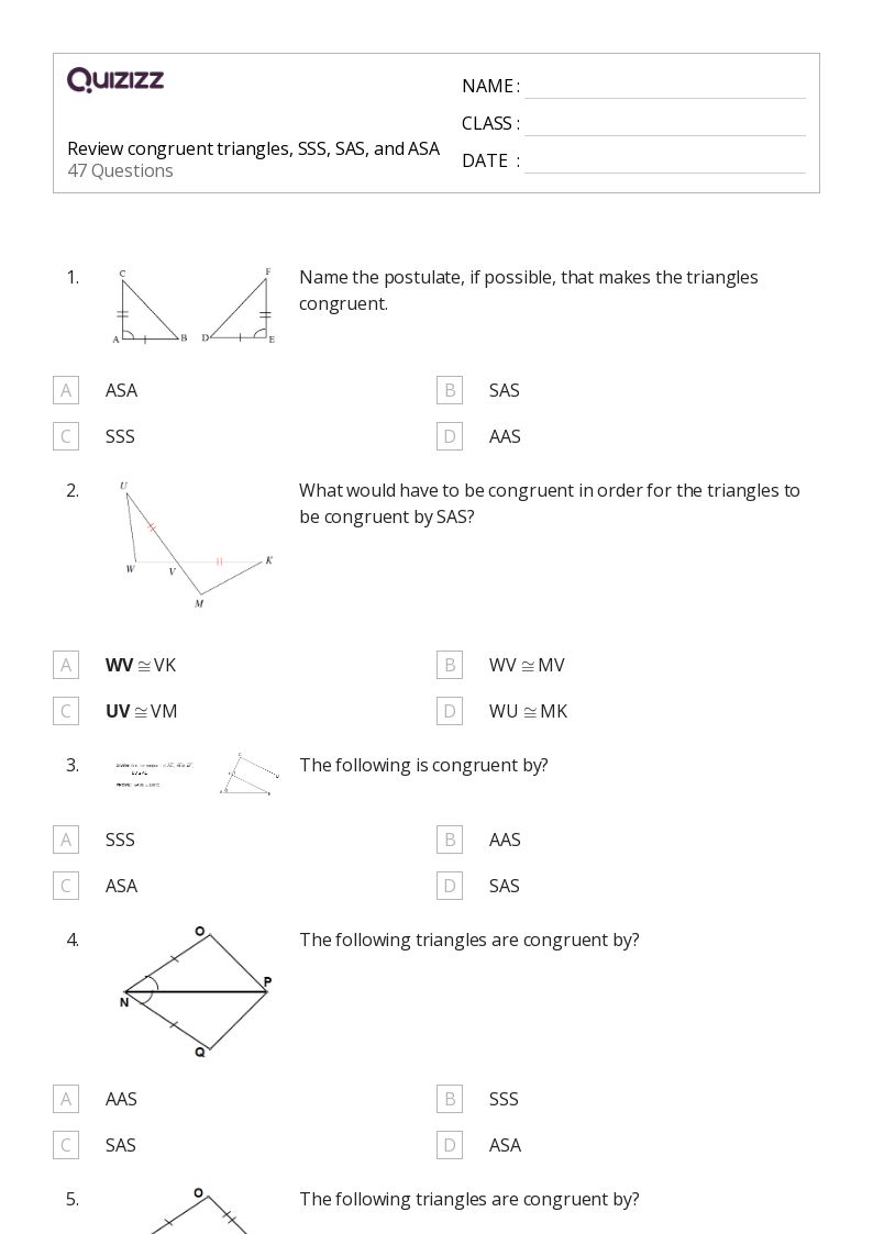 50+ congruent triangles sss sas and asa worksheets for 10th Grade on