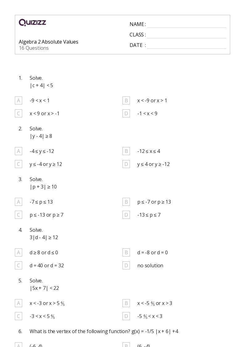 50+ Algebra 2 worksheets on Quizizz Free & Printable