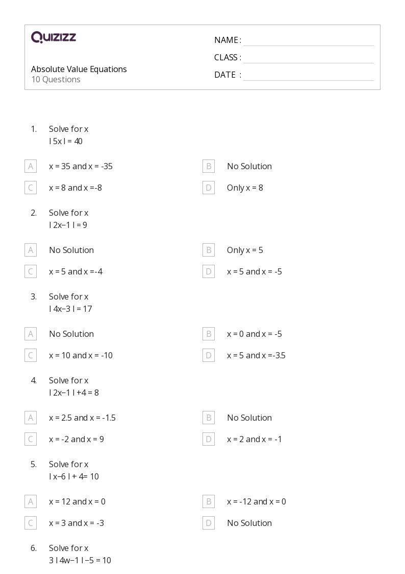 Printable Absolute Value Worksheets Quizizz