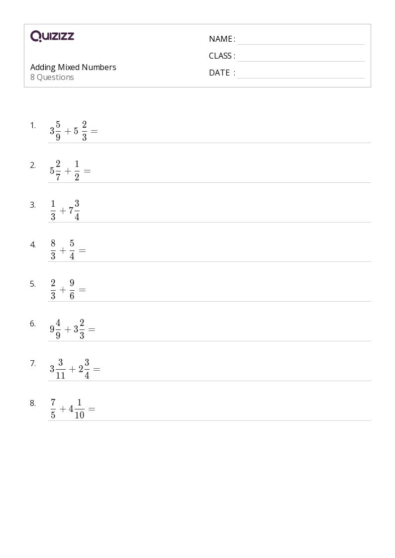 50+ Adding Mixed Numbers worksheets for 6th Class on Quizizz Free